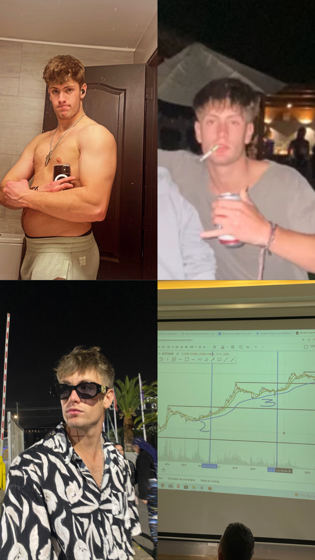 Collage de cuatro fotos de la vida anterior de Martín: una selfie frente a un espejo, una noche de fiesta, un evento al aire libre y una presentación de trading